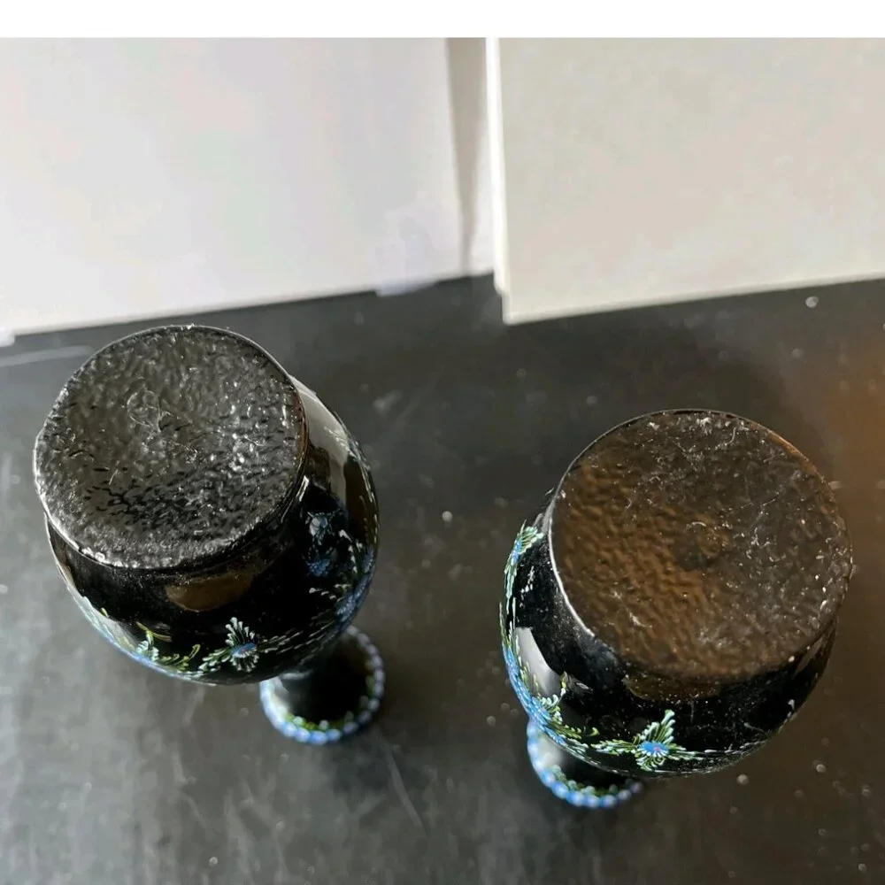 Vintage Japanese Black Lacquer Bud Vases Set of 2 Hand Painted Blue Floral